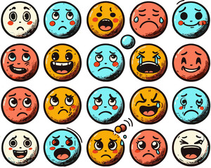 Obraz premium Emoticon set with different facial expressions. Cartoon vector illustration.