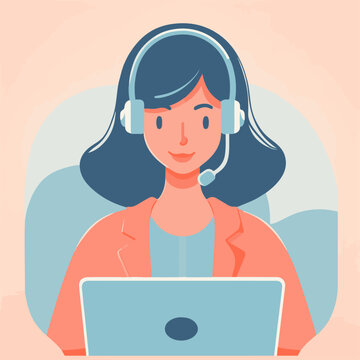 Call center operator with headset and laptop. Vector illustration in flat style
