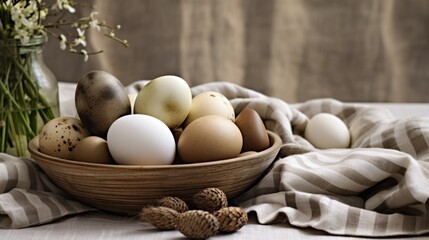 brown, beige. Traditional Easter colored eggs. natural colors, eco-friendly. The table is set for the holiday