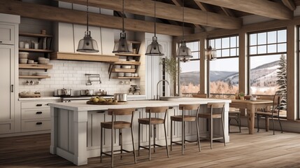 Use pendant lights with a touch of industrial design to add a modern twist and brighten up the farmhouse kitchen spacear