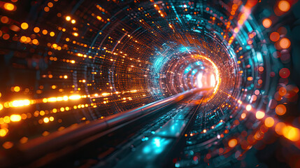 High-Speed Data Transmission Through a Futuristic Network vibrant Tunnel simulating high-speed data travel, with streams of light representing rapid digital communication in cyberspace.