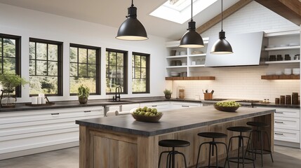 Use pendant lights with a touch of industrial design to add a modern twist and brighten up the farmhouse kitchen spacear - obrazy, fototapety, plakaty