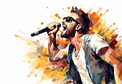 Singing male soloist with a microphone. Portrait of the vocalist. Digital art in watercolor style with paint splatters. Illustration for cover, card, postcard, interior design, poster, brochure, print