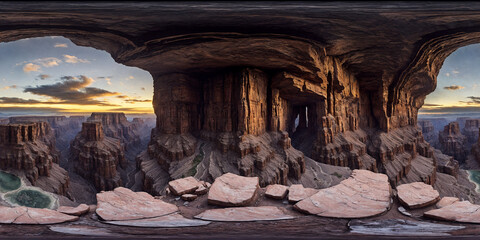 view over canyon Full 360 degrees seamless spherical panorama HDRI equirectangular projection of. Texture environment map for lighting and reflection 3d scenes. 3d background illustration. 