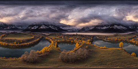 autumn mountain and lake Full 360 degrees seamless spherical panorama HDRI equirectangular...
