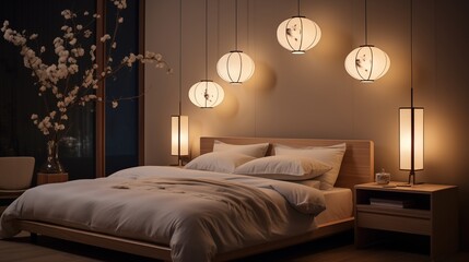 Use soft lighting, like Japanese lanterns or pendant lights, to create a serene ambiance in the bedroomar