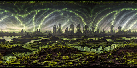 alien planet tree mountains Full 360 degrees seamless spherical panorama HDRI equirectangular projection of. Texture environment map for lighting and reflection 3d scenes. 3d background illustration.  - obrazy, fototapety, plakaty