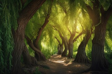A photograph of a dirt road winding through a lush landscape of trees and grass, A fairy-tale inspired forest with whimsical willow trees, AI Generated