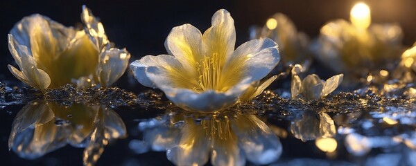 there are three yellow flowers that are sitting on the water