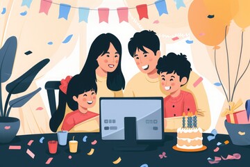 A multigenerational family gathers around a beautifully decorated cake to celebrate a special birthday occasion, A family huddled around a computer, celebrating a virtual birthday, AI Generated