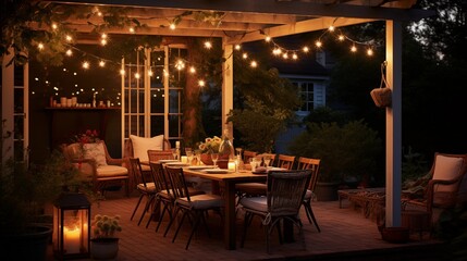 Fototapeta na wymiar Use string lights or lanterns to create a warm and inviting atmosphere for evening dining, capturing the essence of Mediterranean eveningsar