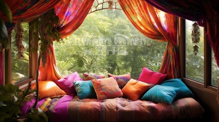 Use vibrant and patterned textiles in throw pillows and outdoor curtains to enhance the bohemian atmospherear