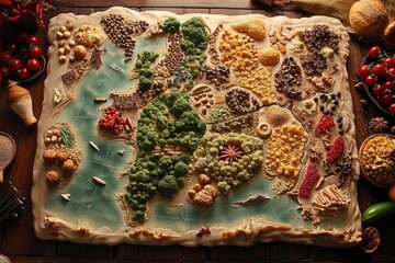 A cake featuring a meticulously crafted map of the world using various fruits and vegetables as...