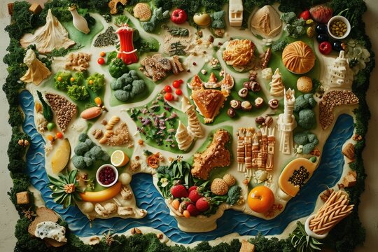 A cake shaped and decorated like a detailed map of the world, featuring continents, countries, and oceans, A fantasy map made out of various types of food, AI Generated