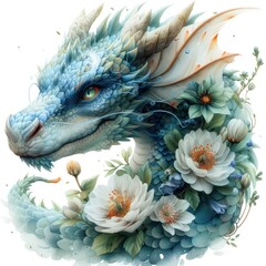 Whimsical dragon watercolor clipart on a white background adorned with flowers.