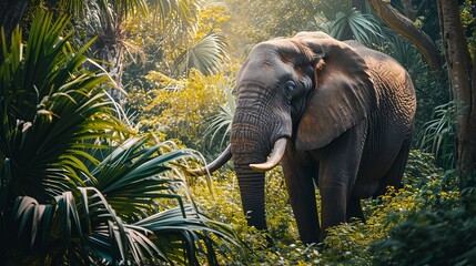 Majestic Elephant Amidst Lush Greenery, Bathed in Golden Sunlight, Surrounded by Exotic Plants in a Tranquil Forest Setting