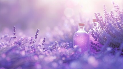 Several transparent glass bottles filled with lavender water and stoppered. Lavender flowers. Jar with aromatic oil. Spa and aromatherapy. Illustration for cover, postcard, brochure or advertisement.
