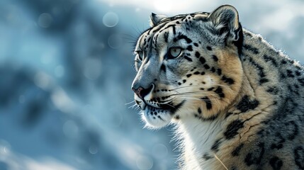 Close-up of a majestic leopard with striking spots, gazing into the distance amidst a snowy landscape