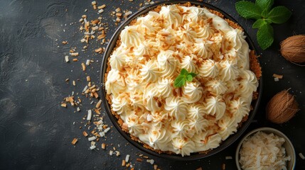 A creamy coconut cream pie adorned with whipped cream and toasted coconut flakes. - obrazy, fototapety, plakaty