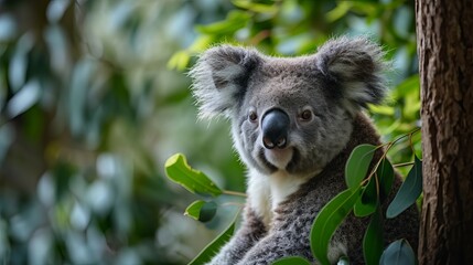 Fototapeta premium Close-Up of a Koala Clinging to a Tree Surrounded by Lush Green Leaves in Natural Habitat