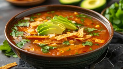 A bowl of spicy tortilla soup, topped with crispy tortilla strips and fresh avocado.
