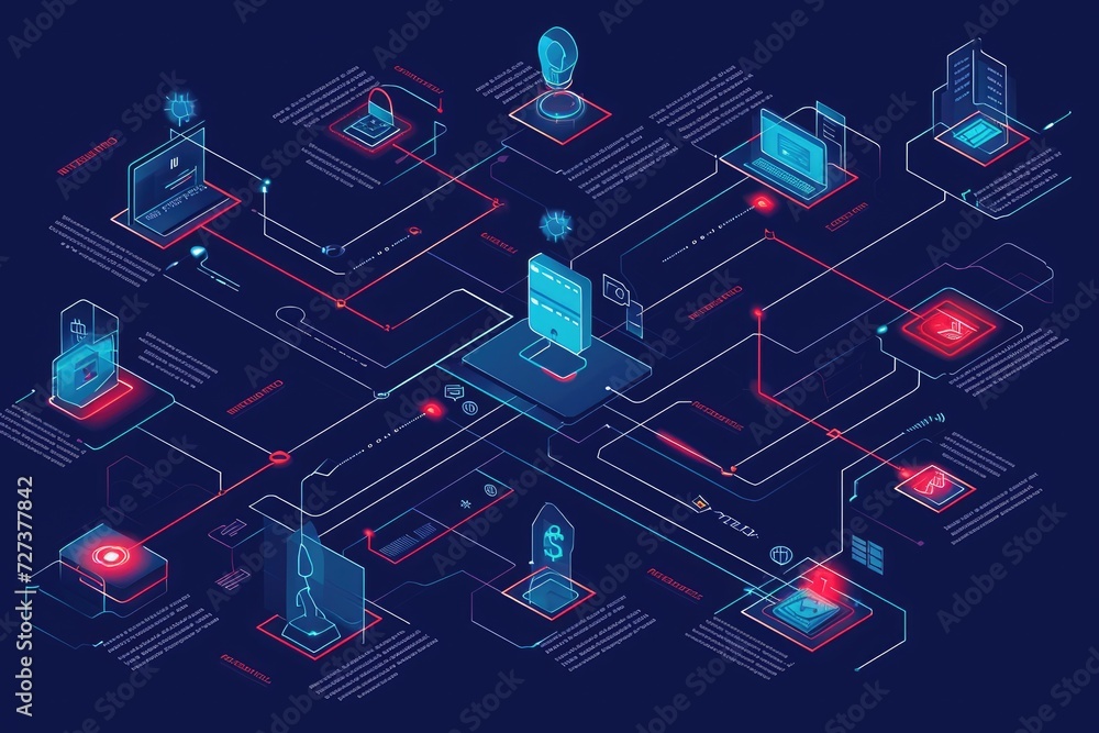Poster a variety of different devices displayed on a blue background, a flowchart showcasing the steps of c