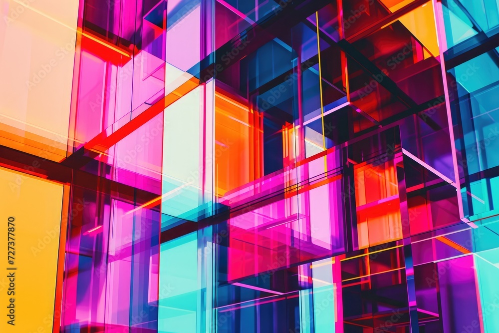 Poster Multicolored Abstract Image of Squares and Rectangles, A fragmented geometric abstract background in neon colors, AI Generated