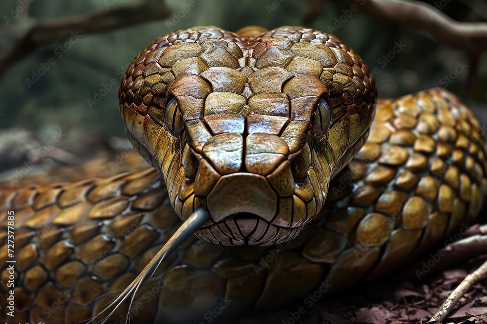 Poster a detailed view of a snake slithering on the ground, showcasing its texture and patterns, a frightfu