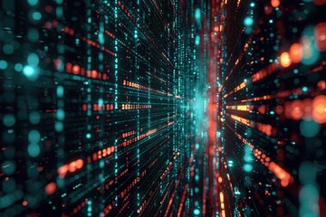 Naklejka premium An abstract background featuring numerous intersecting lines and dots arranged in a pattern, A flow of digital data being filtered for threats, AI Generated