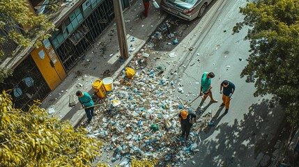 workers clean the street from garbage, road
