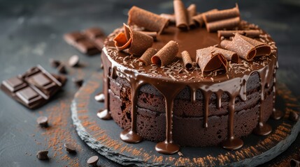 A decadent chocolate fudge cake oozing with ganache and garnished with chocolate curls.