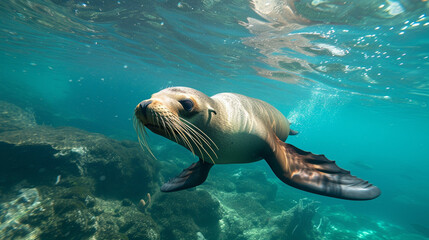 sea lion swimming underwater in the ocean