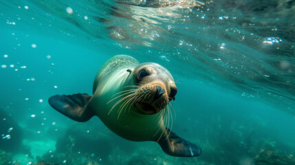 sea lion swimming underwater in the ocean - Powered by Adobe