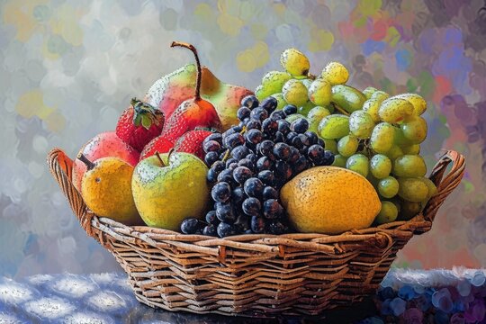 This painting features a basket filled with various types of fruits placed on a table, A fruit basket in the style of pointillism, AI Generated