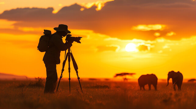 professional photographer taking photos of wildlife. African vacation concept.