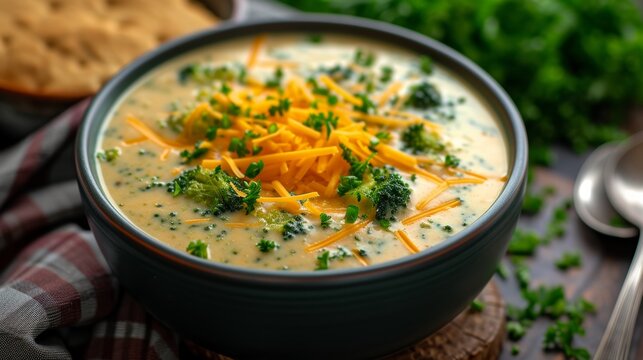 A Bowl Of Creamy Broccoli Cheddar Soup, Topped With A Generous Sprinkle Of Shredded Cheese