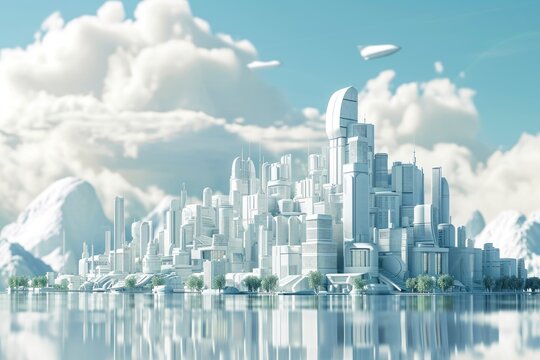 The Futuristic City Floating Above a Body of Water, A futuristic city constructed purely from nanomaterials, AI Generated