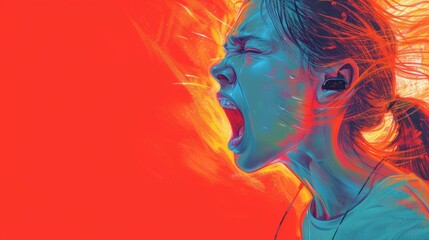 girl scream, sing, graphic artwork on red background, copy space