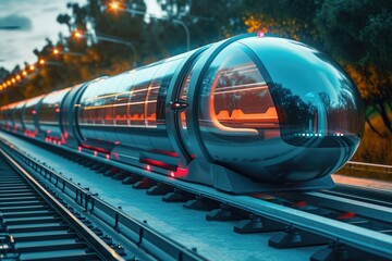 Fototapeta premium Futuristic Train Traveling Down Train Tracks at Night, A futuristic hyperloop transportation concept travelling in vacuum tubes, AI Generated