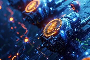 Fototapeta na wymiar Futuristic Sci-Fi Scene With Multiple Elements, A futuristic image of bitcoins being transacted over a blockchain, set in a cyberpunk aesthetic, AI Generated
