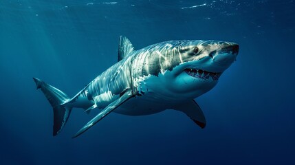 Close-up of a Great White Shark Swimming in Deep Blue Ocean Water with Sun Rays