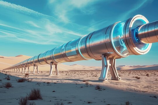A large pipe stands prominently in the barren desert landscape, A futuristic hyperloop transportation concept travelling in vacuum tubes, AI Generated