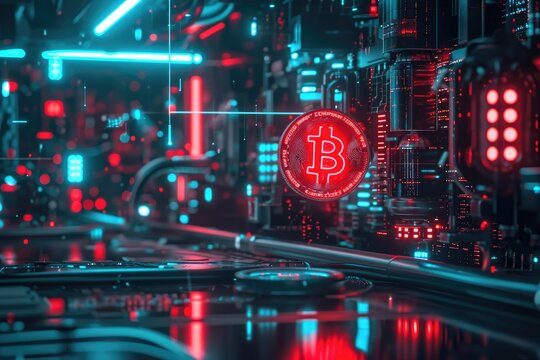 Bitcoin Symbol in Futuristic Environment, A futuristic image of bitcoins being transacted over a blockchain, set in a cyberpunk aesthetic, AI Generated