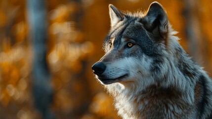 Naklejka na ściany i meble Close-up of a majestic grey wolf in autumn forest, detailed fur texture, intense gaze amidst golden foliage