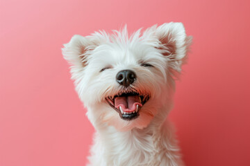 a dog with its eyes closed in joy, mouth open in a carefree smile against a light pink pastel background.