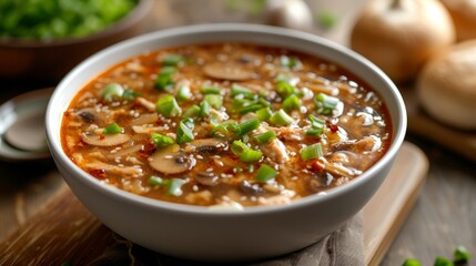 A bowl of hot and sour soup, an Asian delight, with a perfect balance of spicy and tangy flavors