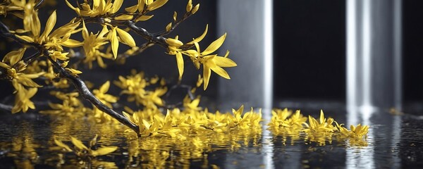yellow flowers are in the water near a fountain