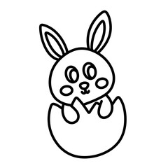Cute cartoon bunny inside cracked easter egg line icon.