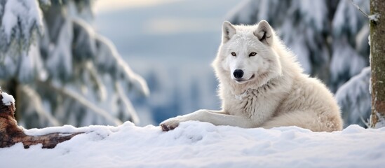 Obraz premium an arctic wolf lying and sitting on a snowy hill