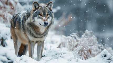 Majestic Wolf in Snowy Landscape, Wild Animal Amidst Winter Wonderland, Nature and Wildlife Photography
